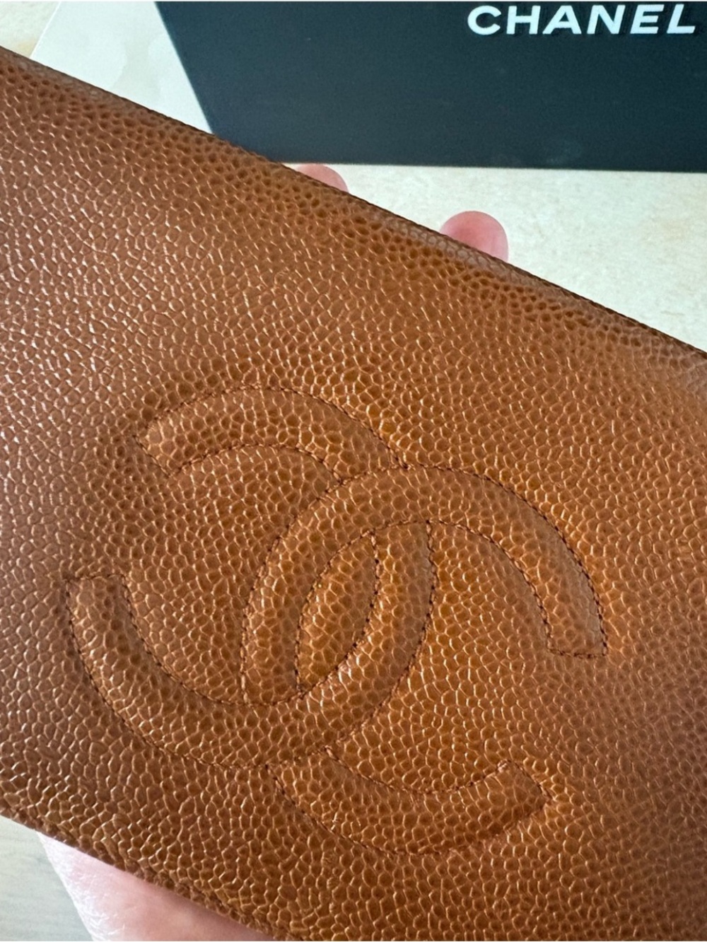 CHANEL Vintage Cognac Caviar Leather Long Wallet with Embossed CC Made in Italy